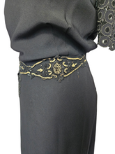 Load image into Gallery viewer, 1940s Black Crepe Beaded Waist and Lace Sleeve Dress

