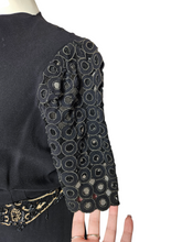 Load image into Gallery viewer, 1940s Black Crepe Beaded Waist and Lace Sleeve Dress
