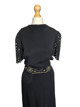Load image into Gallery viewer, 1940s Black Crepe Beaded Waist and Lace Sleeve Dress
