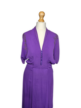 Load image into Gallery viewer, 1940s Bright Purple Crepe Dress With Gold Embroidery
