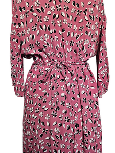 1940s Pink, Black and White Leaf Print Crepe Dress