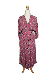 1940s Pink, Black and White Leaf Print Crepe Dress