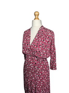 1940s Pink, Black and White Leaf Print Crepe Dress