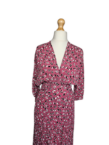 1940s Pink, Black and White Leaf Print Crepe Dress