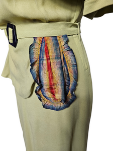 1940s Chartreuse Green Crepe Dress With Blue Galalith Buckle and Rainbow Sash