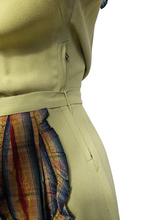 Load image into Gallery viewer, 1940s Chartreuse Green Crepe Dress With Blue Galalith Buckle and Rainbow Sash
