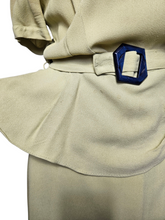 Load image into Gallery viewer, 1940s Chartreuse Green Crepe Dress With Blue Galalith Buckle and Rainbow Sash
