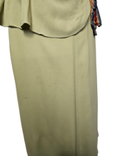 Load image into Gallery viewer, 1940s Chartreuse Green Crepe Dress With Blue Galalith Buckle and Rainbow Sash
