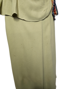 1940s Chartreuse Green Crepe Dress With Blue Galalith Buckle and Rainbow Sash