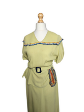 Load image into Gallery viewer, 1940s Chartreuse Green Crepe Dress With Blue Galalith Buckle and Rainbow Sash
