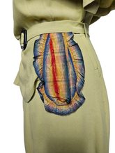 Load image into Gallery viewer, 1940s Chartreuse Green Crepe Dress With Blue Galalith Buckle and Rainbow Sash
