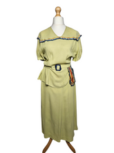 Load image into Gallery viewer, 1940s Chartreuse Green Crepe Dress With Blue Galalith Buckle and Rainbow Sash

