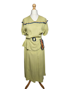 1940s Chartreuse Green Crepe Dress With Blue Galalith Buckle and Rainbow Sash