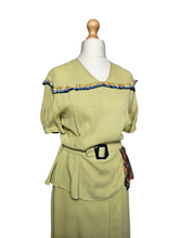 Load image into Gallery viewer, 1940s Chartreuse Green Crepe Dress With Blue Galalith Buckle and Rainbow Sash
