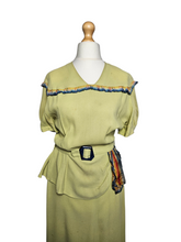 Load image into Gallery viewer, 1940s Chartreuse Green Crepe Dress With Blue Galalith Buckle and Rainbow Sash

