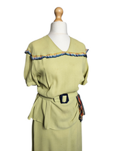 Load image into Gallery viewer, 1940s Chartreuse Green Crepe Dress With Blue Galalith Buckle and Rainbow Sash
