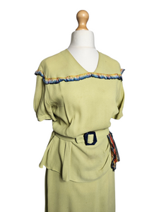 1940s Chartreuse Green Crepe Dress With Blue Galalith Buckle and Rainbow Sash