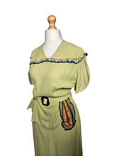 Load image into Gallery viewer, 1940s Chartreuse Green Crepe Dress With Blue Galalith Buckle and Rainbow Sash
