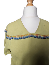 Load image into Gallery viewer, 1940s Chartreuse Green Crepe Dress With Blue Galalith Buckle and Rainbow Sash
