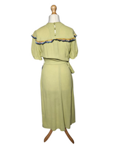 Load image into Gallery viewer, 1940s Chartreuse Green Crepe Dress With Blue Galalith Buckle and Rainbow Sash
