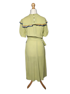 1940s Chartreuse Green Crepe Dress With Blue Galalith Buckle and Rainbow Sash