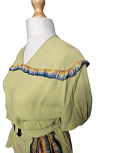 Load image into Gallery viewer, 1940s Chartreuse Green Crepe Dress With Blue Galalith Buckle and Rainbow Sash
