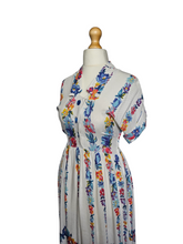 Load image into Gallery viewer, 1940s White Moygashel Dress With Multicoloured Flower Stripes
