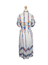 Load image into Gallery viewer, 1940s White Moygashel Dress With Multicoloured Flower Stripes
