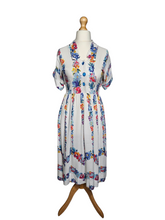 Load image into Gallery viewer, 1940s White Moygashel Dress With Multicoloured Flower Stripes

