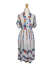 Load image into Gallery viewer, 1940s White Moygashel Dress With Multicoloured Flower Stripes
