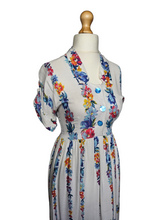 Load image into Gallery viewer, 1940s White Moygashel Dress With Multicoloured Flower Stripes
