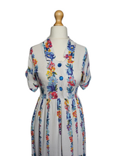 Load image into Gallery viewer, 1940s White Moygashel Dress With Multicoloured Flower Stripes
