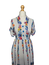 Load image into Gallery viewer, 1940s White Moygashel Dress With Multicoloured Flower Stripes
