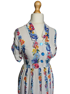 1940s White Moygashel Dress With Multicoloured Flower Stripes