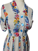 Load image into Gallery viewer, 1940s White Moygashel Dress With Multicoloured Flower Stripes
