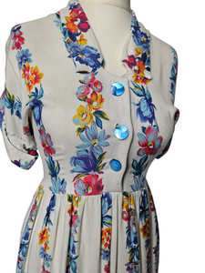 1940s White Moygashel Dress With Multicoloured Flower Stripes