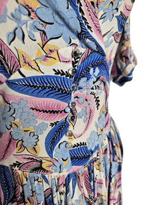 1940s Blue Pink Leaf/Feather Crepe Dress