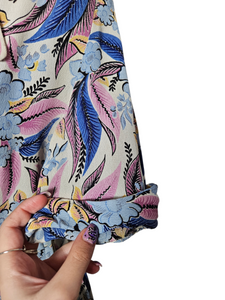 1940s Blue Pink Leaf/Feather Crepe Dress