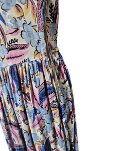 1940s Blue Pink Leaf/Feather Crepe Dress