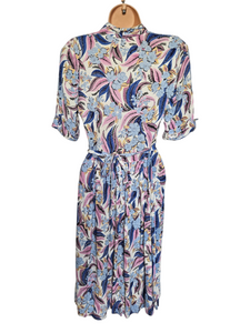 1940s Blue Pink Leaf/Feather Crepe Dress