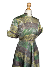 Load image into Gallery viewer, Late 1940s Green, Gold and Taupe Dress
