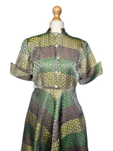 Load image into Gallery viewer, Late 1940s Green, Gold and Taupe Dress
