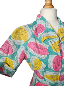 1940s Blue, Pink, Yellow Seersucker Zip Front Dress