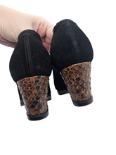 Load image into Gallery viewer, 1940s Black Suede and Brown Snakeskin Platform Court Shoes
