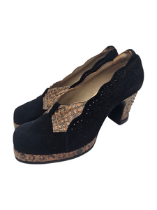 1940s Black Suede and Brown Snakeskin Platform Court Shoes