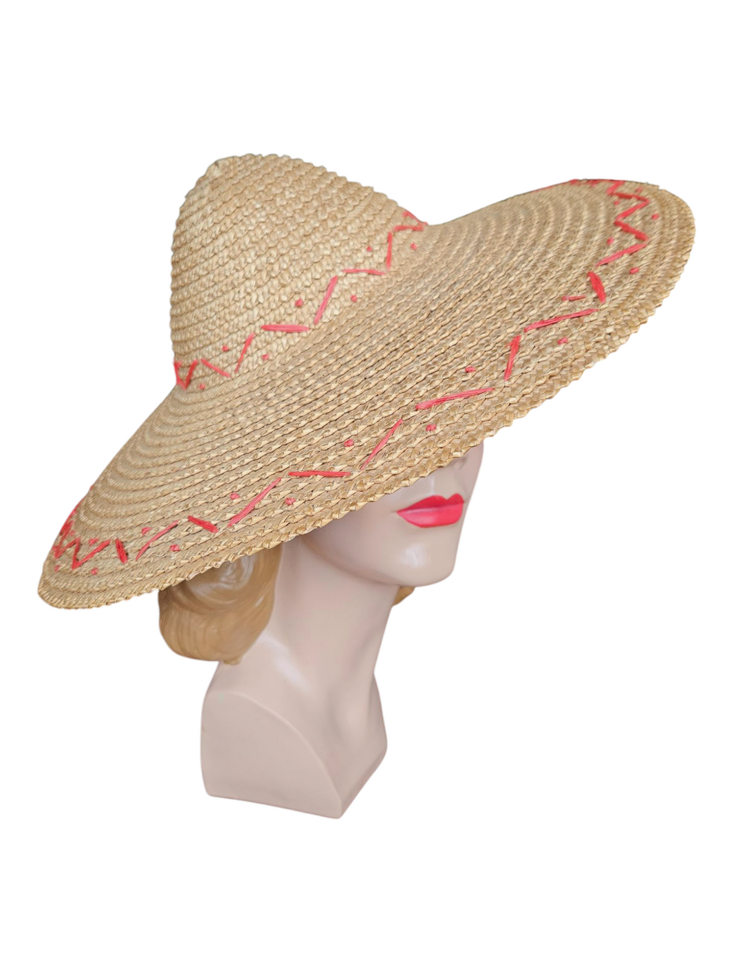 1940s Huge Straw for With Red Trim