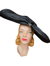 Load image into Gallery viewer, 1940s MEGA Black Raffia/Straw Halo Hat With Rhinestones
