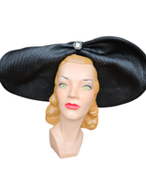 Load image into Gallery viewer, 1940s MEGA Black Raffia/Straw Halo Hat With Rhinestones
