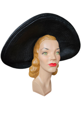 Load image into Gallery viewer, 1940s MEGA Black Raffia/Straw Halo Hat With Rhinestones
