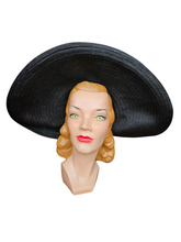 Load image into Gallery viewer, 1940s MEGA Black Raffia/Straw Halo Hat With Rhinestones
